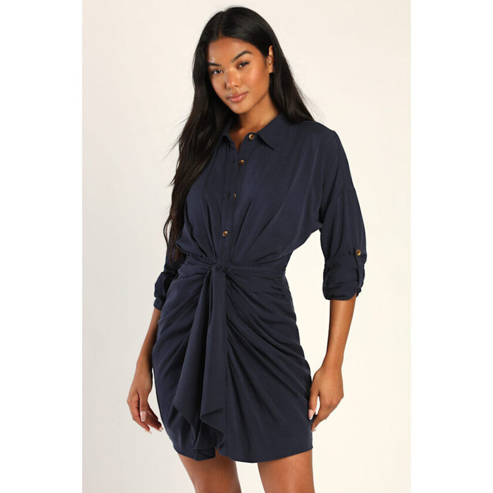 Lulus Charming Confidence Navy Blue Collared Button-up Mini Dress - Size M